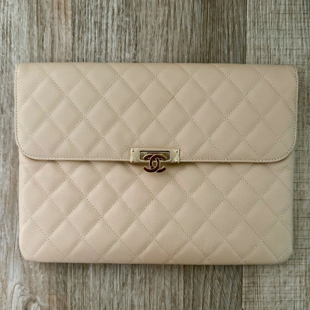 Chanel Beige Flap Pouch Clutch Light Gold Hardware